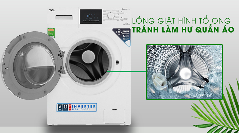 Máy giặt TCL Inverter 8 Kg TWF80-M14303DA03-Tránh làm hư tổn quần áo nhờ lồng giặt tổ ong xoay 360 độ