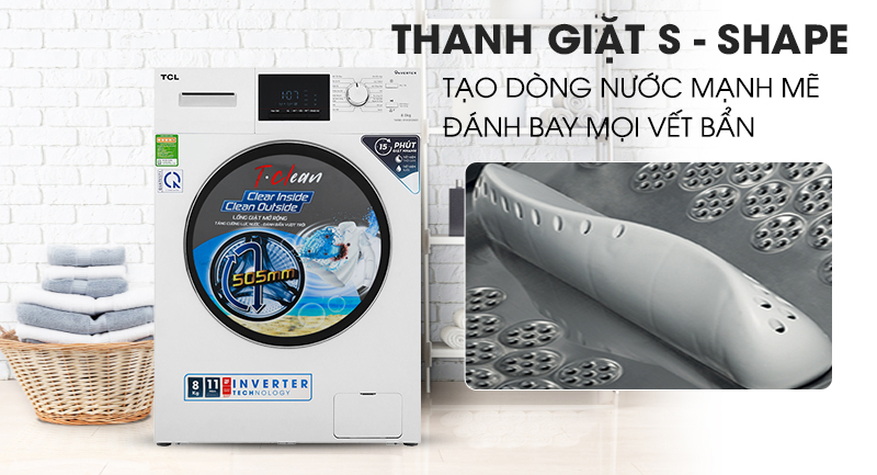 Máy giặt TCL Inverter 8 Kg TWF80-M14303DA03-Tạo dòng nước mạnh mẽ, đánh bật vết bẩn cùng thanh giặt S - shape