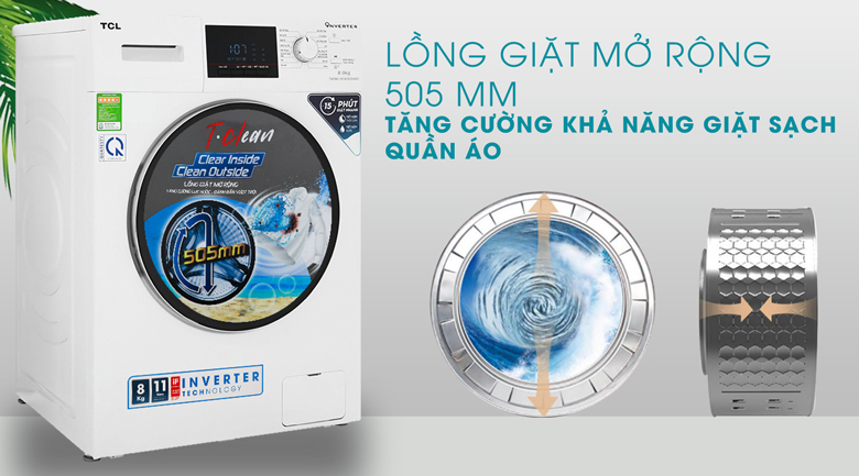 Máy giặt TCL Inverter 8 Kg TWF80-M14303DA03-Tăng cường khả năng giặt sạch với lồng giặt mở rộng 505 mm