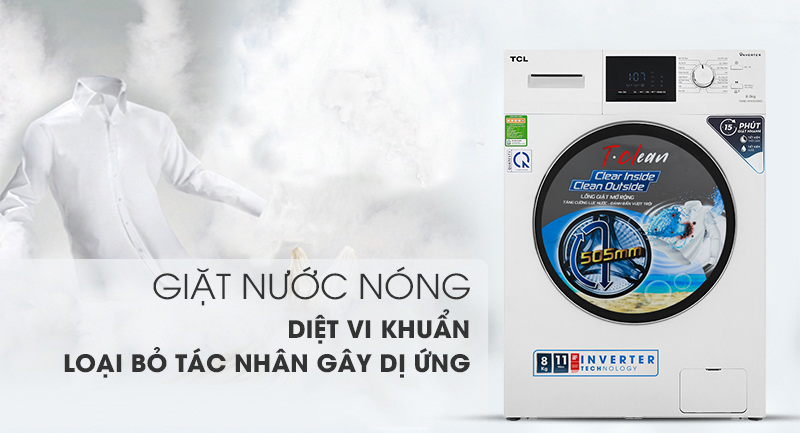 Máy giặt TCL Inverter 8 Kg TWF80-M14303DA03-Loại bỏ vi khuẩn, tránh tác nhân gây dị ứng nhờ công nghệ giặt nước nóng