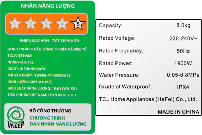 Máy giặt TCL Inverter 8 Kg TWF80-M14303DA03