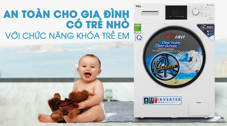 Máy giặt TCL Inverter 8 Kg TWF80-M14303DA03-Tránh nghịch phá với chức năng khóa trẻ em