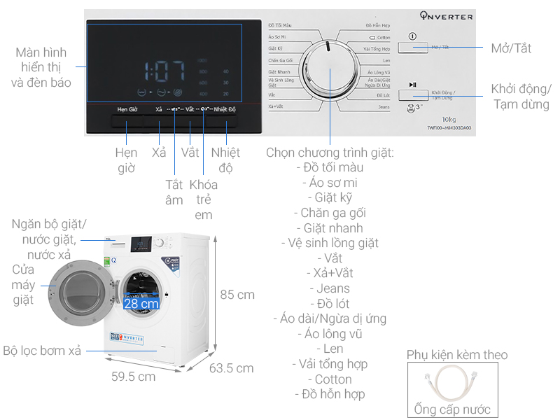 Thông số kỹ thuật Máy giặt TCL Inverter 10 Kg TWF100-M14303DA03