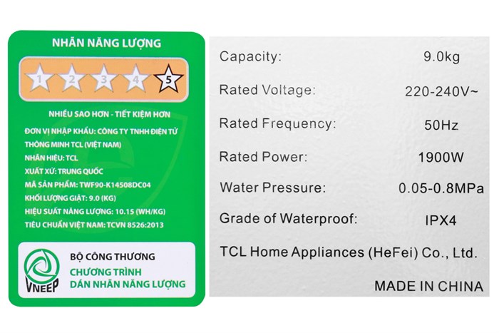 Máy giặt TCL Inverter 9 Kg TWF90-K14508DC04