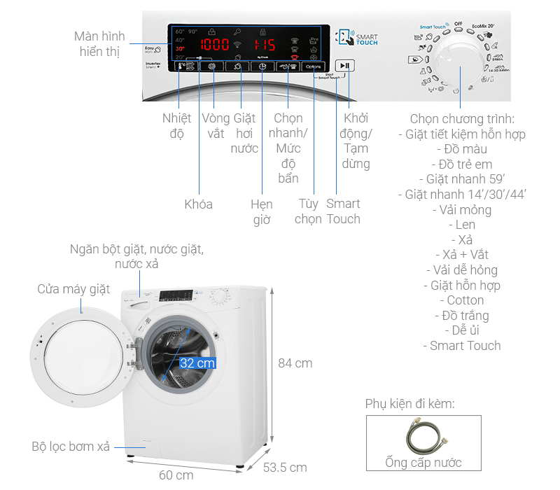 Thông số kỹ thuật Máy giặt Candy Inverter 9 kg GVS 149THC3/1-04