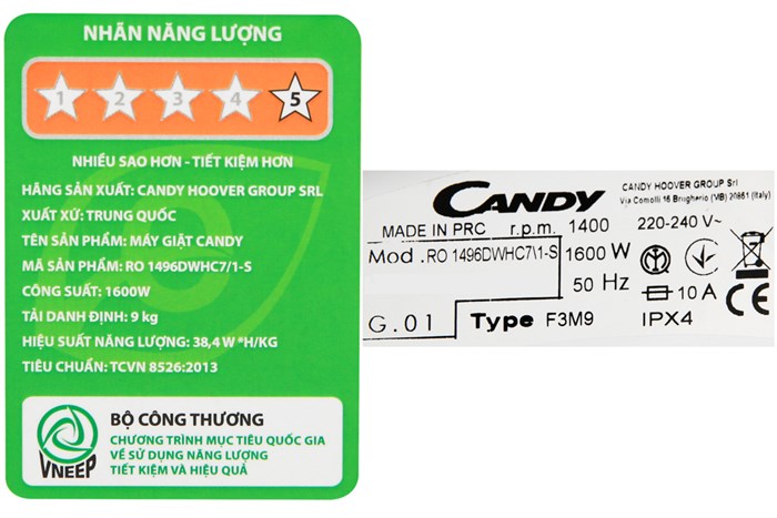 Máy giặt Candy Inverter 9 kg RO 1496DWHC7/1-S