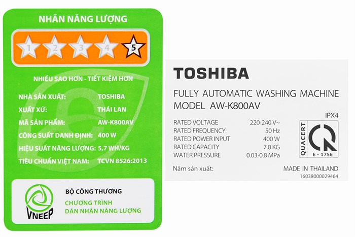 Máy giặt Toshiba 7 kg AW-K800AV(WW) Màu Trắng