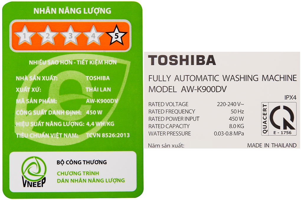 Máy giặt Toshiba 8 kg AW-K900DV(WW) Màu Trắng