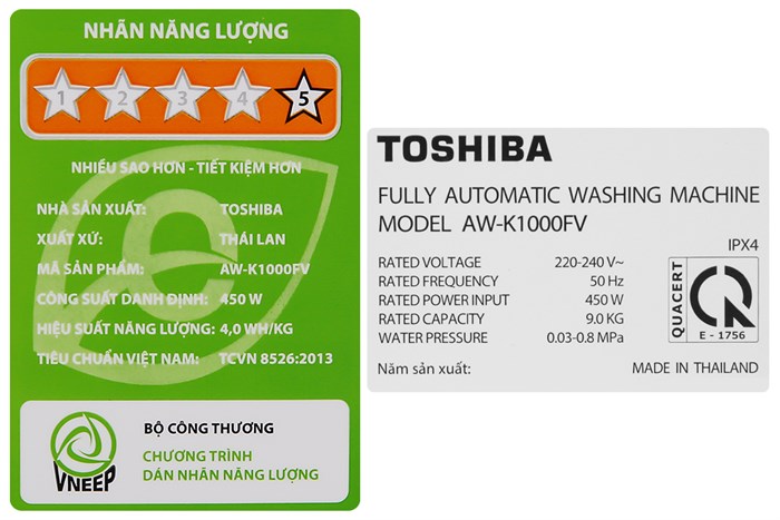 Máy giặt Toshiba 9 kg AW-K1000FV(WW) Màu Trắng