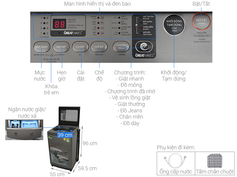 Thông số kỹ thuật Máy giặt Toshiba 9 kg AW-K1005FV(SG)