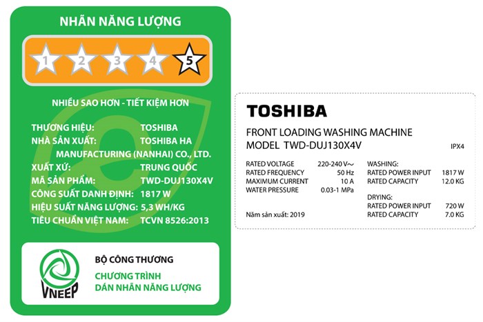 Máy giặt sấy Toshiba Inverter 12 Kg TWD-DUJ130X4V Màu Đen