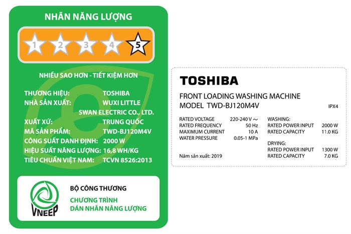 Máy giặt sấy Toshiba Inverter 11 Kg TWD-BJ120M4V(SK)