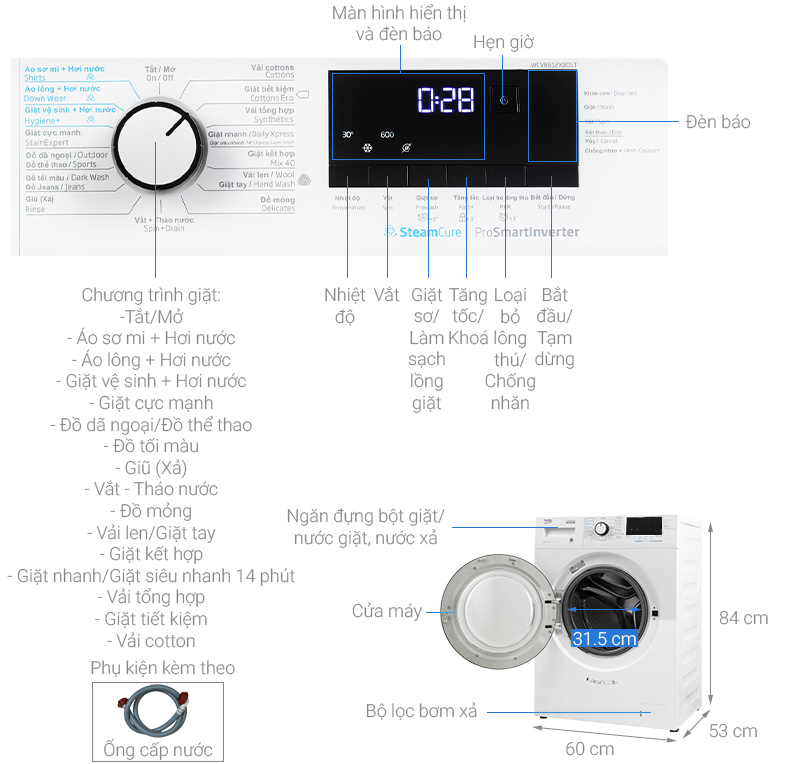 Thông số kỹ thuật Máy giặt Beko Inverter 8 kg WCV8612XB0ST