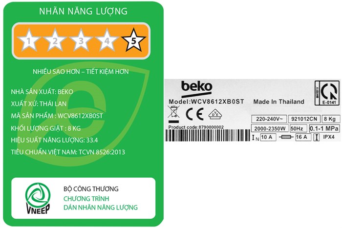 Máy giặt Beko Inverter 8 kg WCV8612XB0ST Màu Trắng