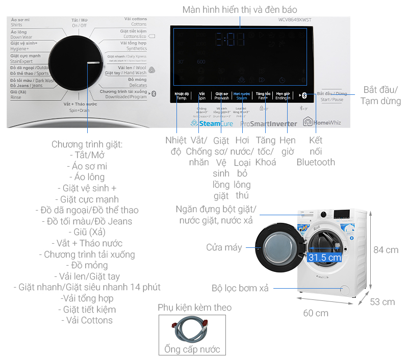 Thông số kỹ thuật Máy giặt Beko Inverter 8 kg WCV8649XWST