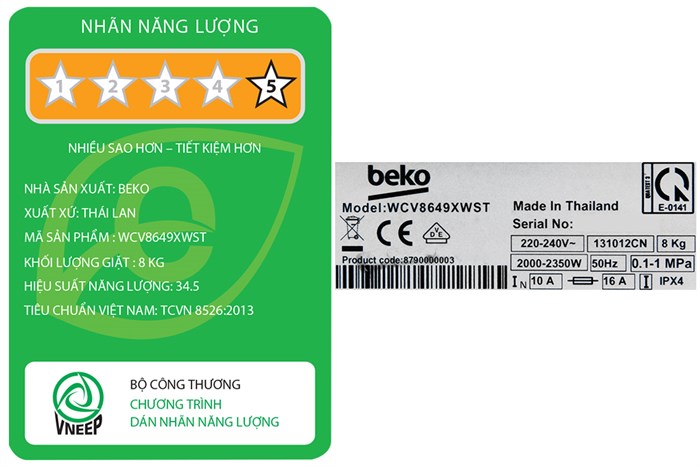 Máy giặt Beko Inverter 8 kg WCV8649XWST Màu Trắng