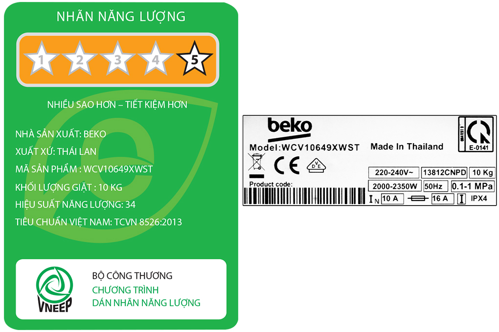 Máy giặt Beko Inverter 8 kg WCV10649XWST Màu Trắng