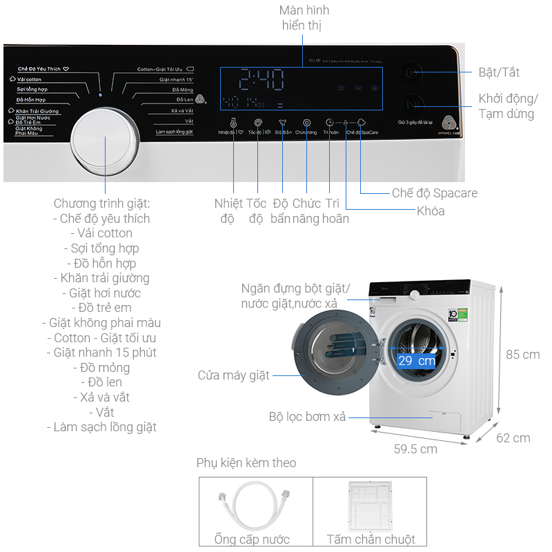 Thông số kỹ thuật Máy giặt Midea Inverter 8.5 Kg MFK85-1401WK