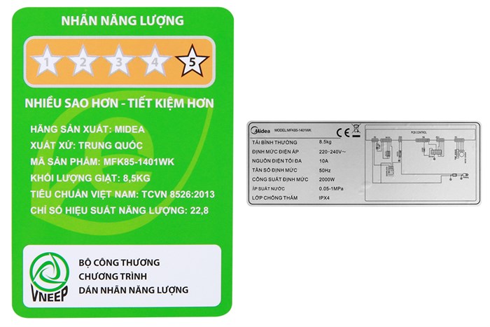 Máy giặt Midea Inverter 8.5 Kg MFK85-1401WK Màu Trắng