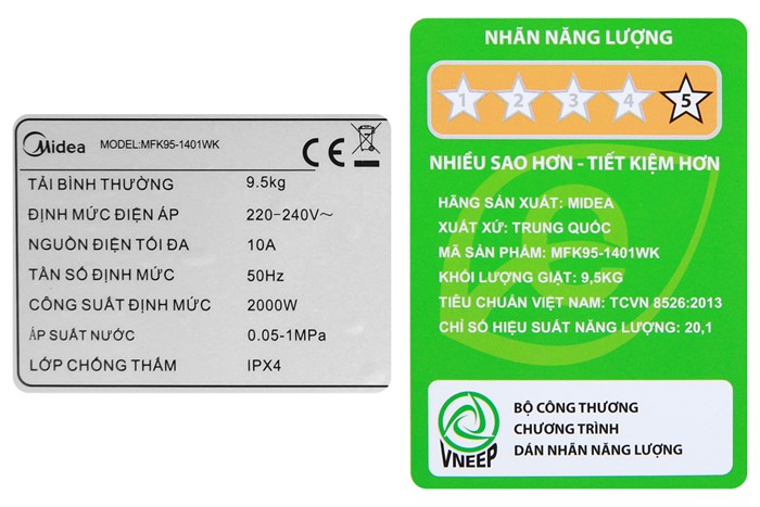 Máy giặt Midea Inverter 9.5 Kg MFK95-1401WK Màu Trắng