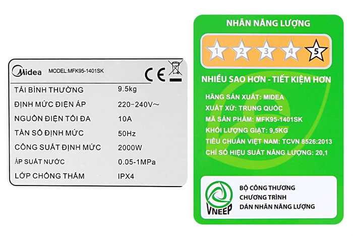 Máy giặt Midea Inverter 9.5 Kg MFK95-1401SK Màu Xám