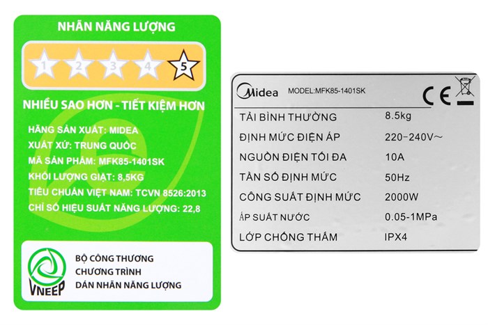 Máy giặt Midea Inverter 8.5 Kg MFK85-1401SK Màu Xám