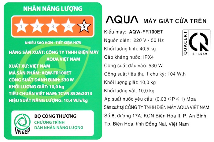 Máy giặt Aqua 10 Kg AQW-FR100ET S Màu Bạc