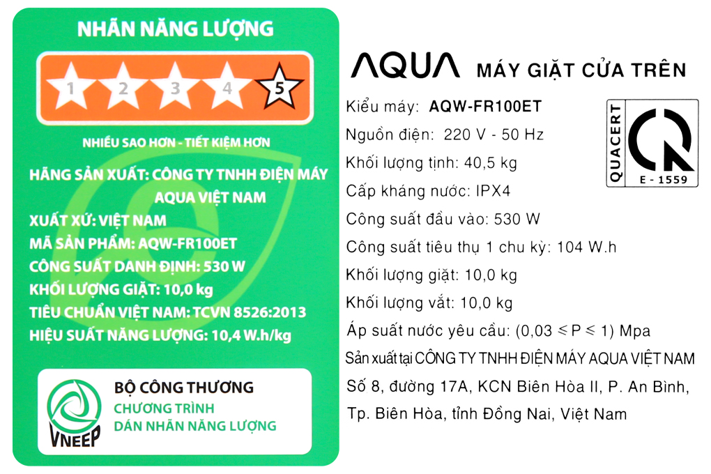 Máy giặt Aqua 10 Kg AQW-FR100ET S Màu Bạc