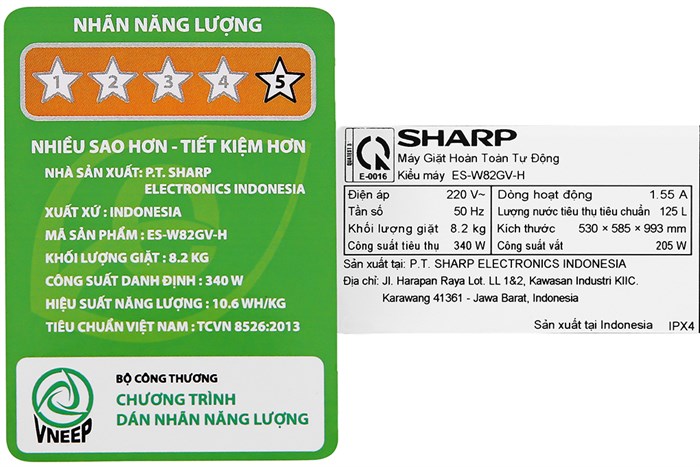 Máy giặt Sharp 8.2 kg ES-W82GV-H Màu Trắng