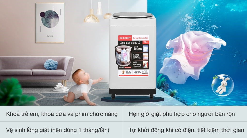 Máy giặt Sharp 9 kg ES-W90PV-H