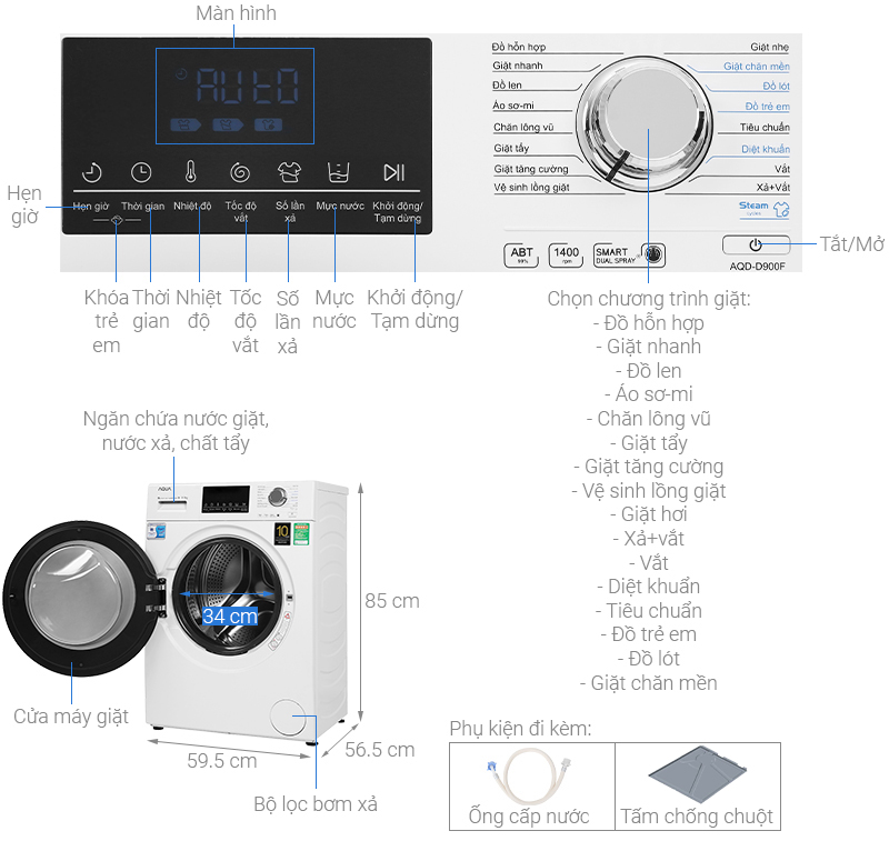 Thông số kỹ thuật Máy giặt Aqua Inverter 9 kg AQD-D900F W