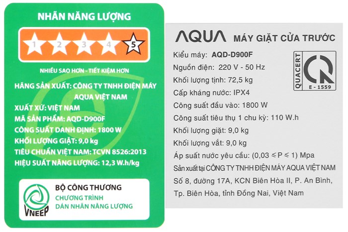 Máy giặt Aqua Inverter 9 kg AQD-D900F W Màu Trắng