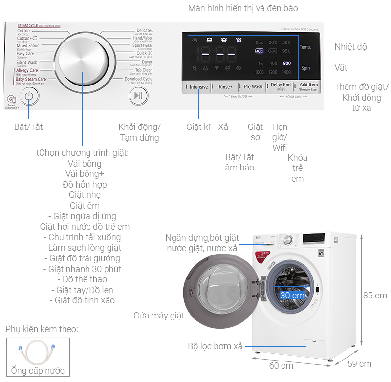 Thông số kỹ thuật Máy giặt LG Inverter 8.5 kg FV1408S4W