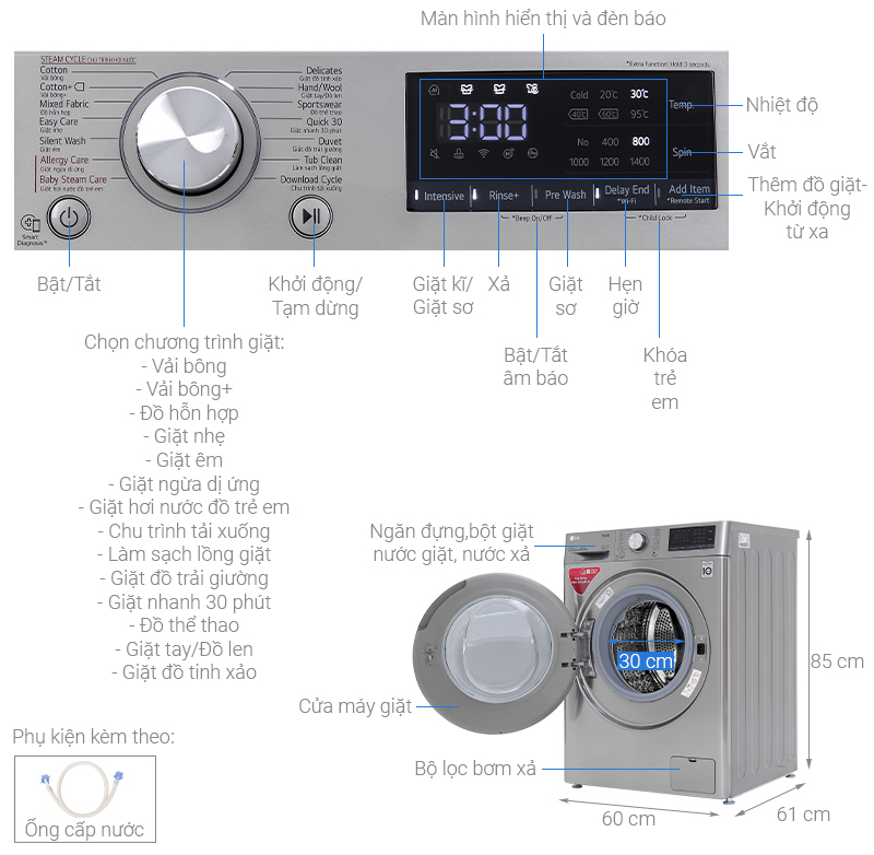 Thông số kỹ thuật Máy giặt LG Inverter 8.5 kg  FV1408S4V