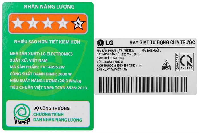 Máy giặt LG Inverter 9 kg FV1409S2W Màu Trắng