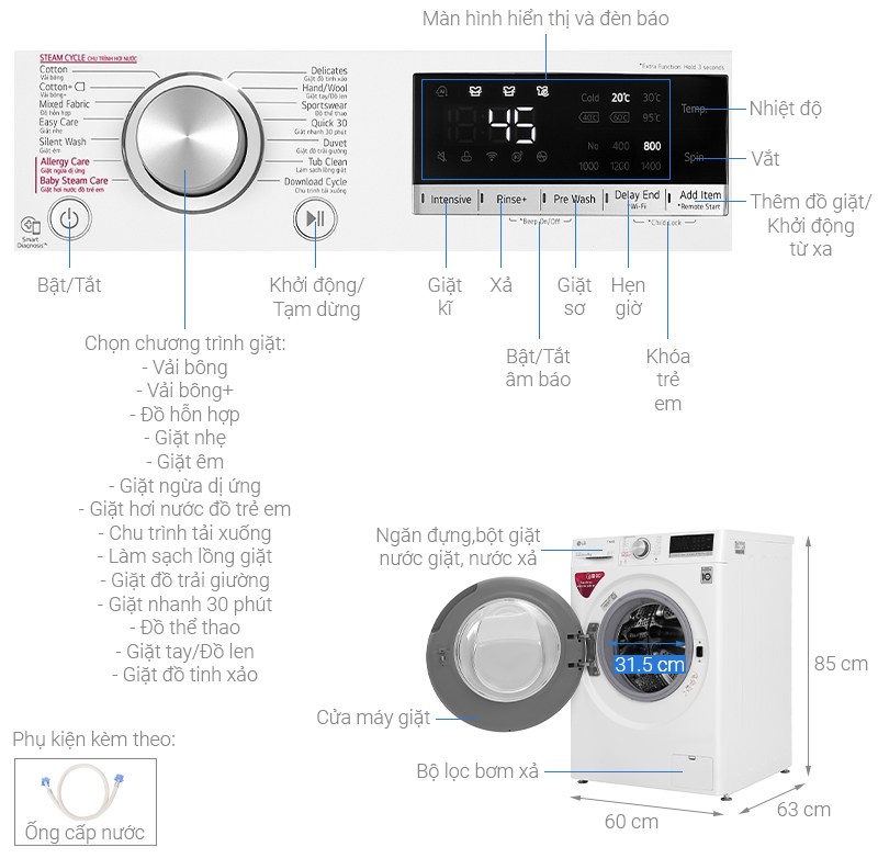 Thông số kỹ thuật Máy giặt LG Inverter 9 kg FV1409S4W
