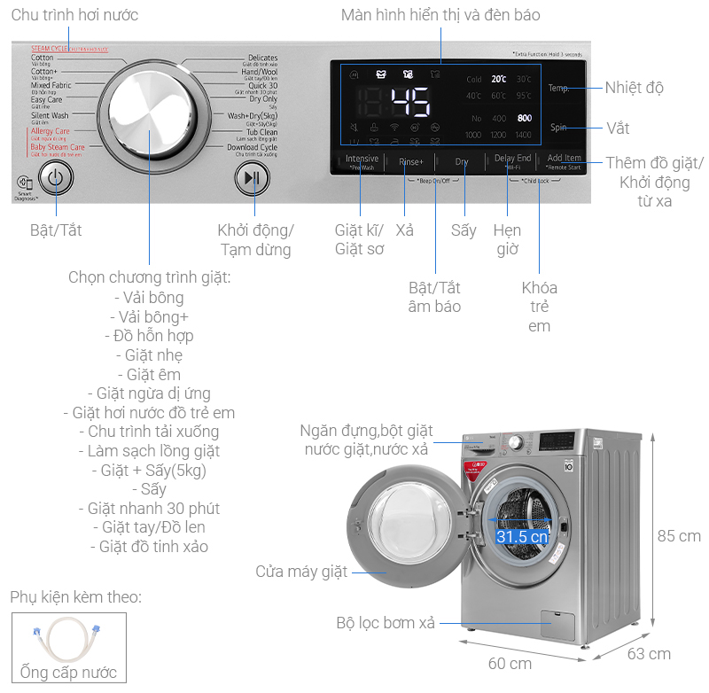 Máy giặt sấy LG AI DD Inverter giặt 9 kg - sấy 5 kg FV1409G4V