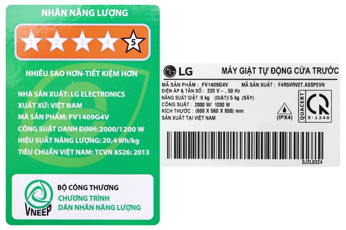 Máy giặt sấy LG AI DD Inverter giặt 9 kg - sấy 5 kg FV1409G4V Màu Xám