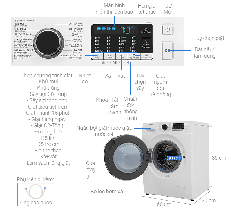 Thông số kỹ thuật Máy giặt sấy Samsung Inverter  9.5kg WD95J5410AW/SV