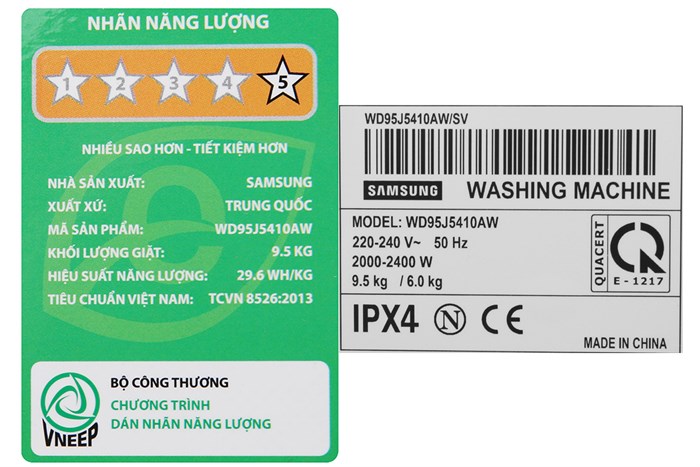 Máy giặt sấy Samsung Inverter giặt 9.5 kg - sấy 6 kg WD95J5410AW/SV Màu Trắng