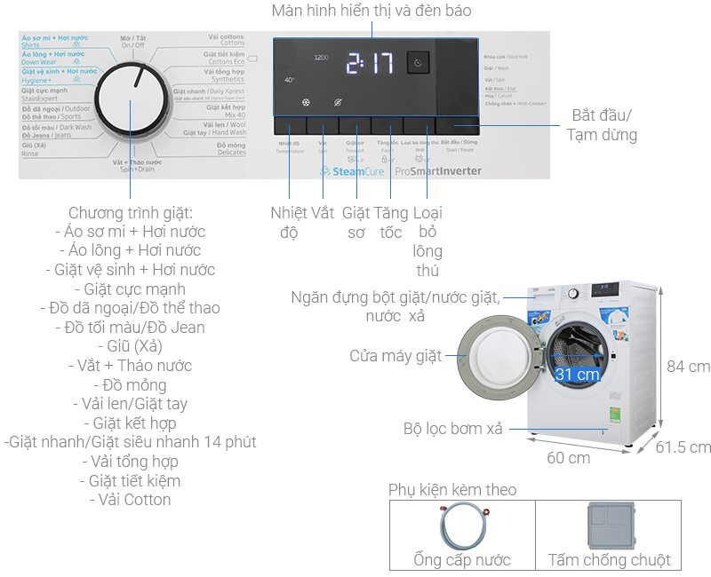 Thông số kỹ thuật Máy giặt Beko Inverter 10 kg WCV10612XB0ST