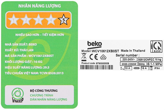 Máy giặt Beko Inverter 10 kg WCV10612XB0ST Màu Trắng