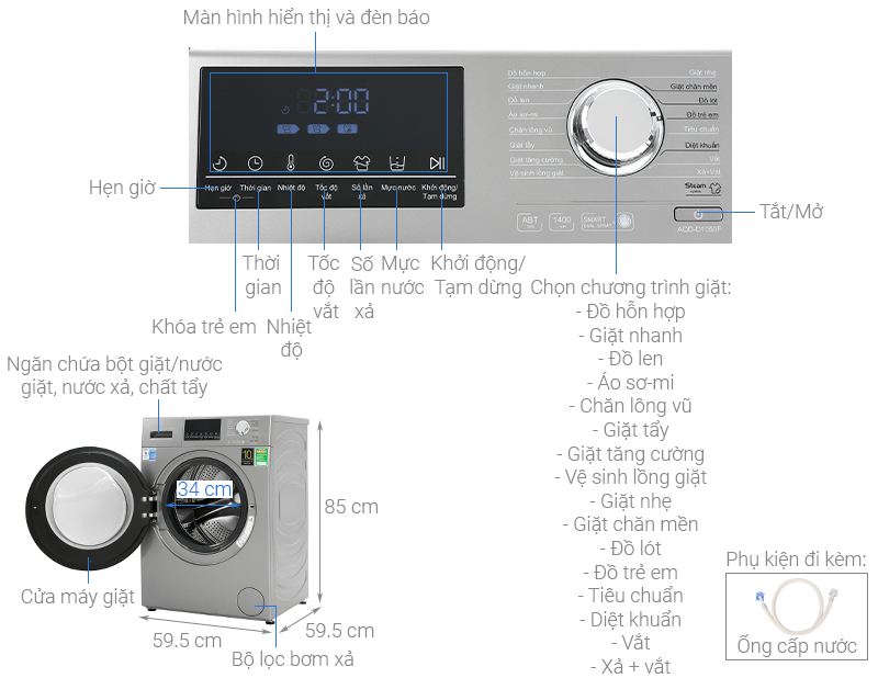 Thông số kỹ thuật Máy giặt Aqua Inverter 10.5 KG AQD-D1050F.S