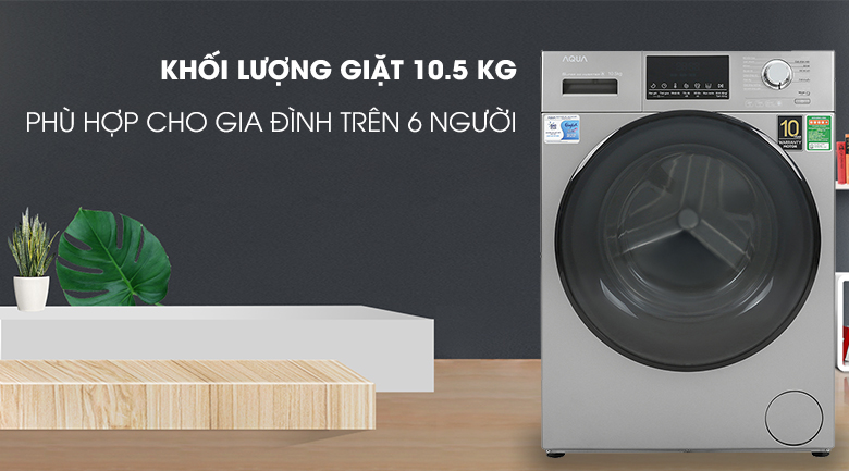 Máy giặt Aqua Inverter 10.5 KG AQD-D1050F.S-Khối lượng giặt 10.5kg, phù hợp gia đình trên 6 thành viên
