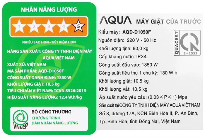 Máy giặt Aqua Inverter 10.5 KG AQD-D1050F.S Màu Bạc