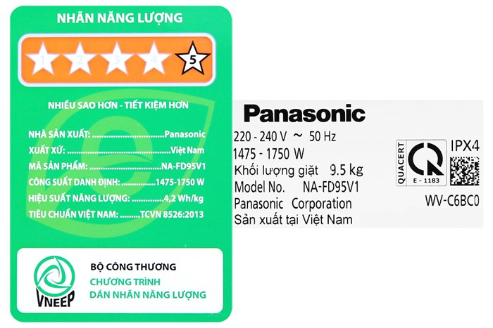 Máy giặt Panasonic Inverter 9.5 Kg NA-FD95V1BRV Màu Đen - Bạc