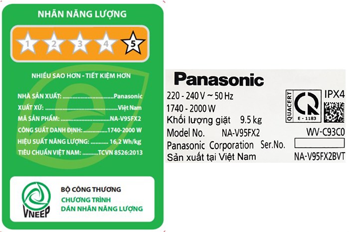 Máy giặt Panasonic Inverter 9.5 Kg NA-V95FX2BVT Màu Đen - Bạc