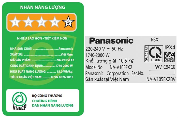 Máy giặt Panasonic Inverter 10.5 Kg NA-V105FX2BV Màu Đen - Bạc