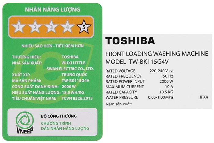 Máy giặt Toshiba Inverter 10.5 Kg TW-BK115G4V (MG) Màu Xám