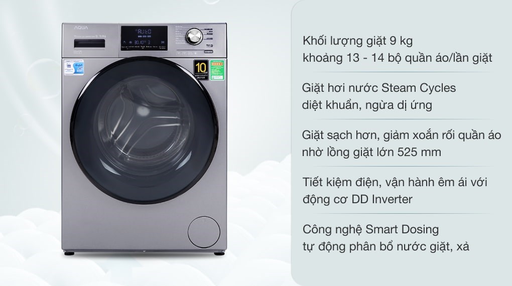 Máy giặt AQUA Inverter 9.0 KG AQD-DD900F S, giá rẻ, chính hãng